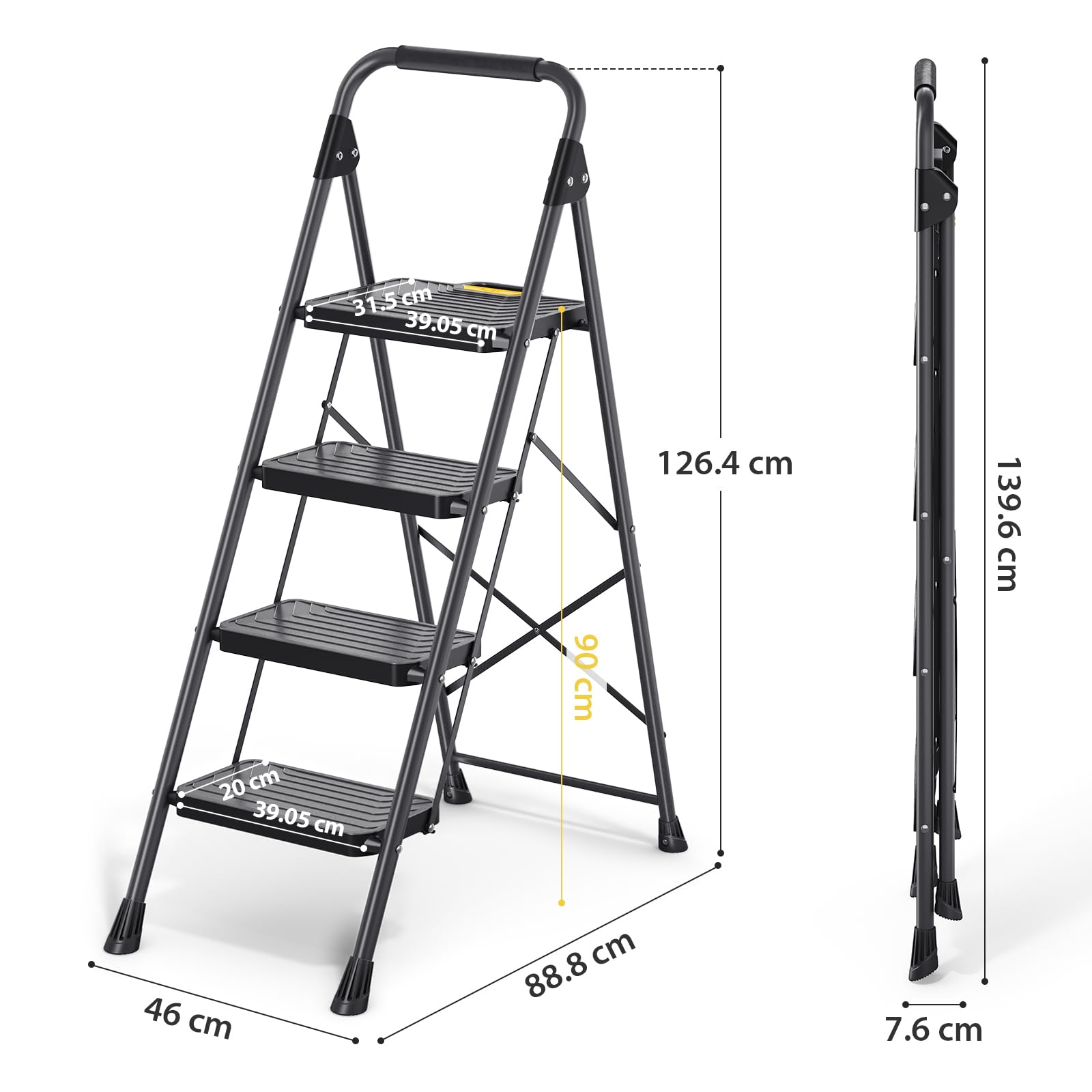 KINGRACK Escalera de 4 escalones, Taburete de Acero Resistente con Pedales Anchos Antideslizantes, pasamanos, diseño de Bloqueo Seguro, Prueba de Carga de 800 Libras, Escalera portátil Plegable para