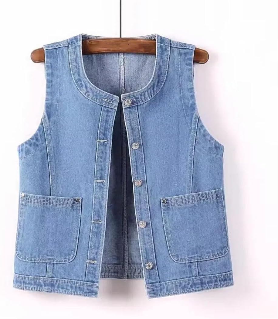 スタイリッシュに魅せられる。デニムベスト 韓国ファッション 春服[品番：SHNW0006433]｜Sibra（シブラ）のレディース ファッション通販｜SHOPLIST（ショップリスト） レディース ラウンドネック デニムベスト カジュアル サマー ノースリーブ ポケット付き ウエストコート ショート タンクトップ