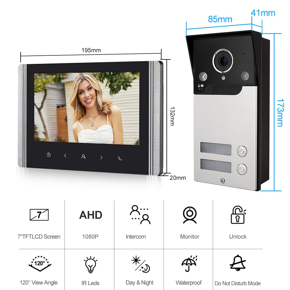 WLAN Wireless Video Türsprechanlage,1080P Außenkamera,7 Zoll AHD Touchscreen Wireless Monitor,PIR Bewegungserkennung,Nachtsicht,Tuya APP Steuerung (3 Familienhaus)