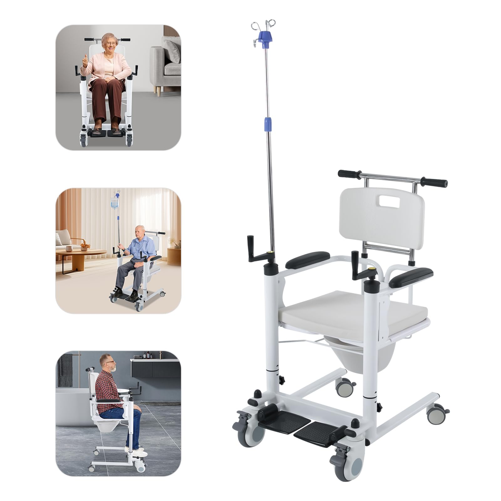 Silla elevadora de pacientes con altura regulable manualmente, asiento dividido de 180°, silla de ruedas multifunción con frenos, hasta 120 kg, para personas mayores, discapacitados, cuidado en casa