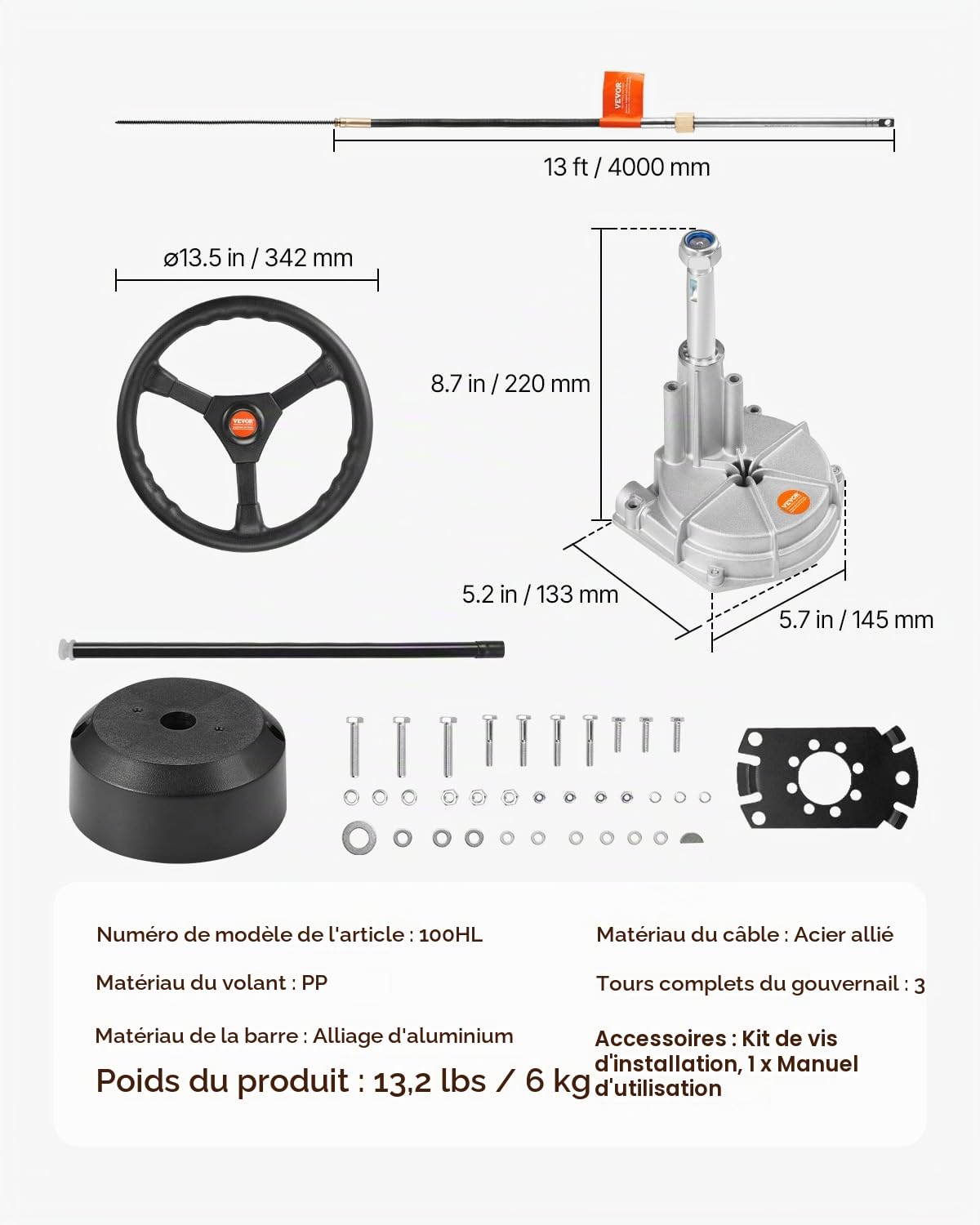 VEVOR Kit Direction Hydraulique Hors-bord avec Câble 3,96 m SS13713 et Volant 34,3 cm, Système de Direction Hydraulique Marin, Accessoires pour Bateau Voyage