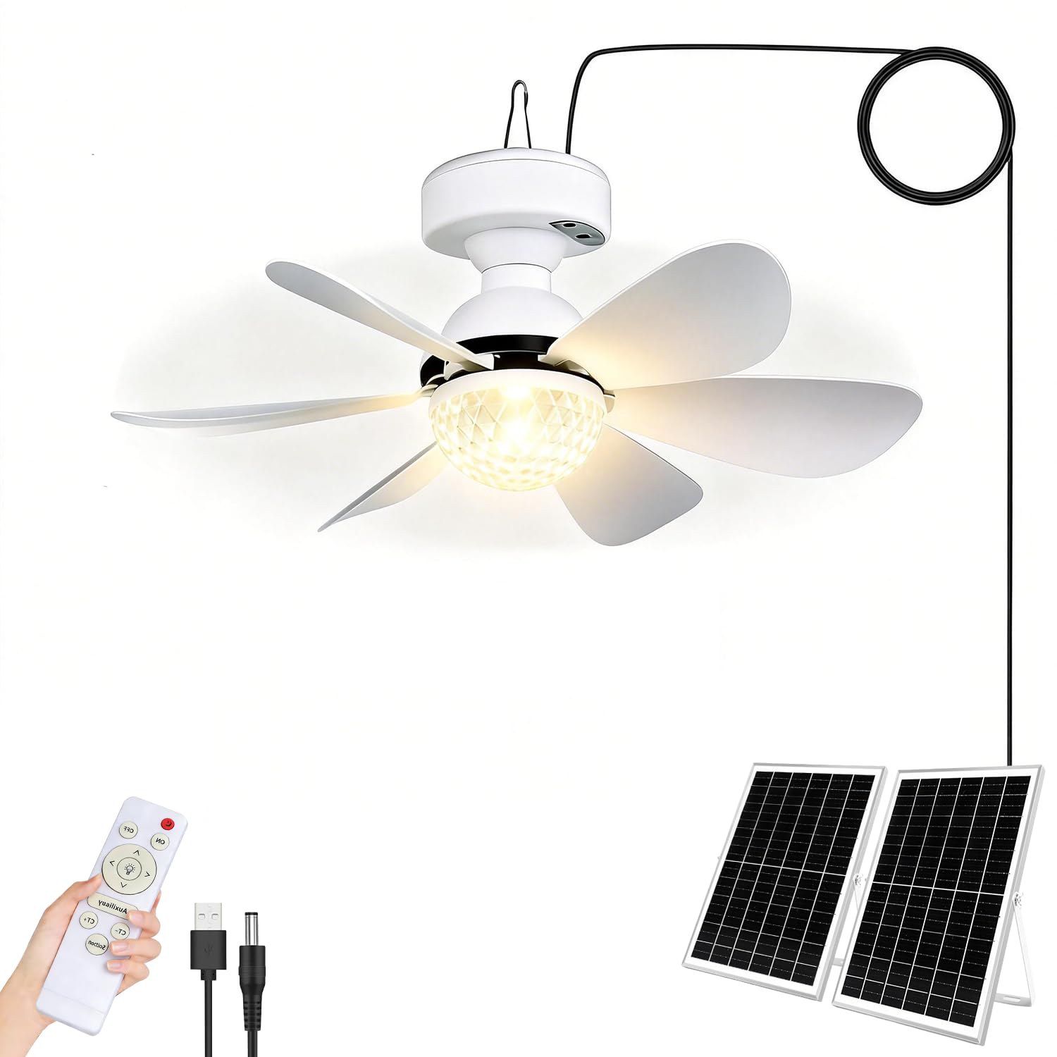KZT Ventilatore solare da soffitto con illuminazione e telecomando, LED dimmerabile, lampada da soffitto a tre velocità, luce regolabile per esterni, giardino, gazebo, campeggio