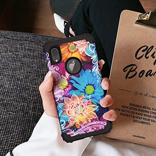 Idweel Iphone Xr Case With Tempered Glass Screen Protector, 3 In 1 Shockproof Slim Hybrid Heavy Duty Hard Pc Cover Soft Silicone Bumper Full Body Case For Iphone Xr 6.1 Inch, Flower #TOP1