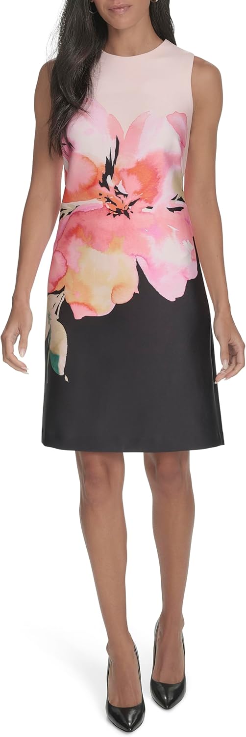 Calvin Klein Womens Sleeveless Round Neck Printed Crepe Shift Mini Dress - Image 2