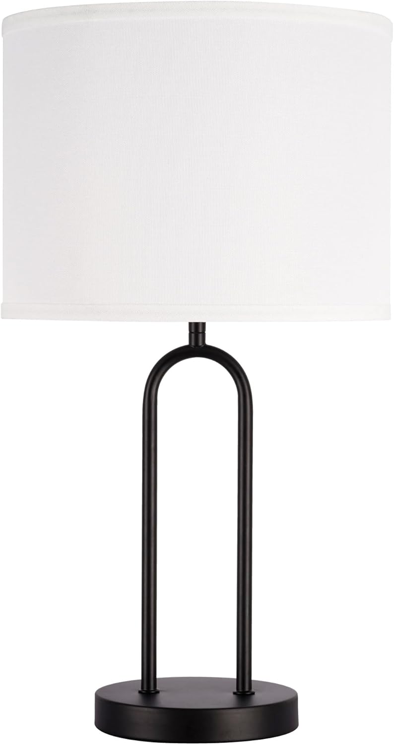 Kenroy Home Isla Black Table Lamp with Rounded Base and White Linen Drum Shade for Living Room, Bedroom, or Office Accent Lighting