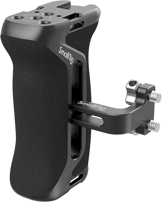 Aluminum Side Handle for Camera Cages, Universal Ergonomic Side Handgrip with Bulit-in 1/4"-20 Locating Hole, Strap Hole, Cold Shoe, 36mm Up/Down Adjustable