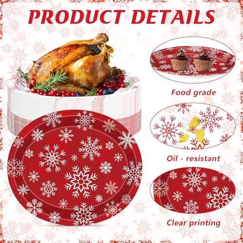 QZYL 50 PCS Christmas Paper Plates, 12.2×10.2 Inches Oval Snowflake Plates Christmas Party Decorations, Red White Platters Xmas Party Dinnerware, Holiday Party Supplies BBQ New Year Tableware – Image 4