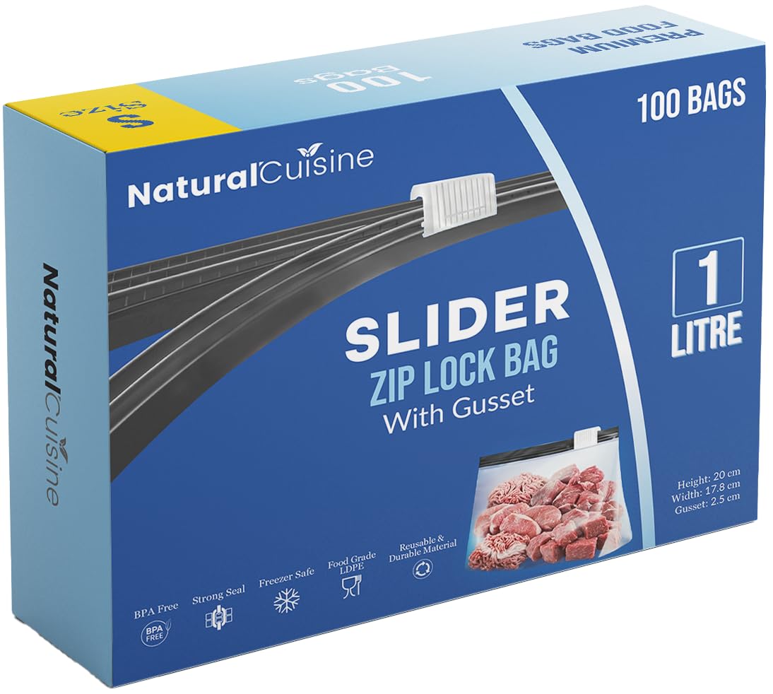 100 Slider Food Storage Zip Lock Bags – sandwich bags Expandable Gusset, BPA Free, Reusable, Freezer & Fridge Safe 1 Litre Bags, Small Bags