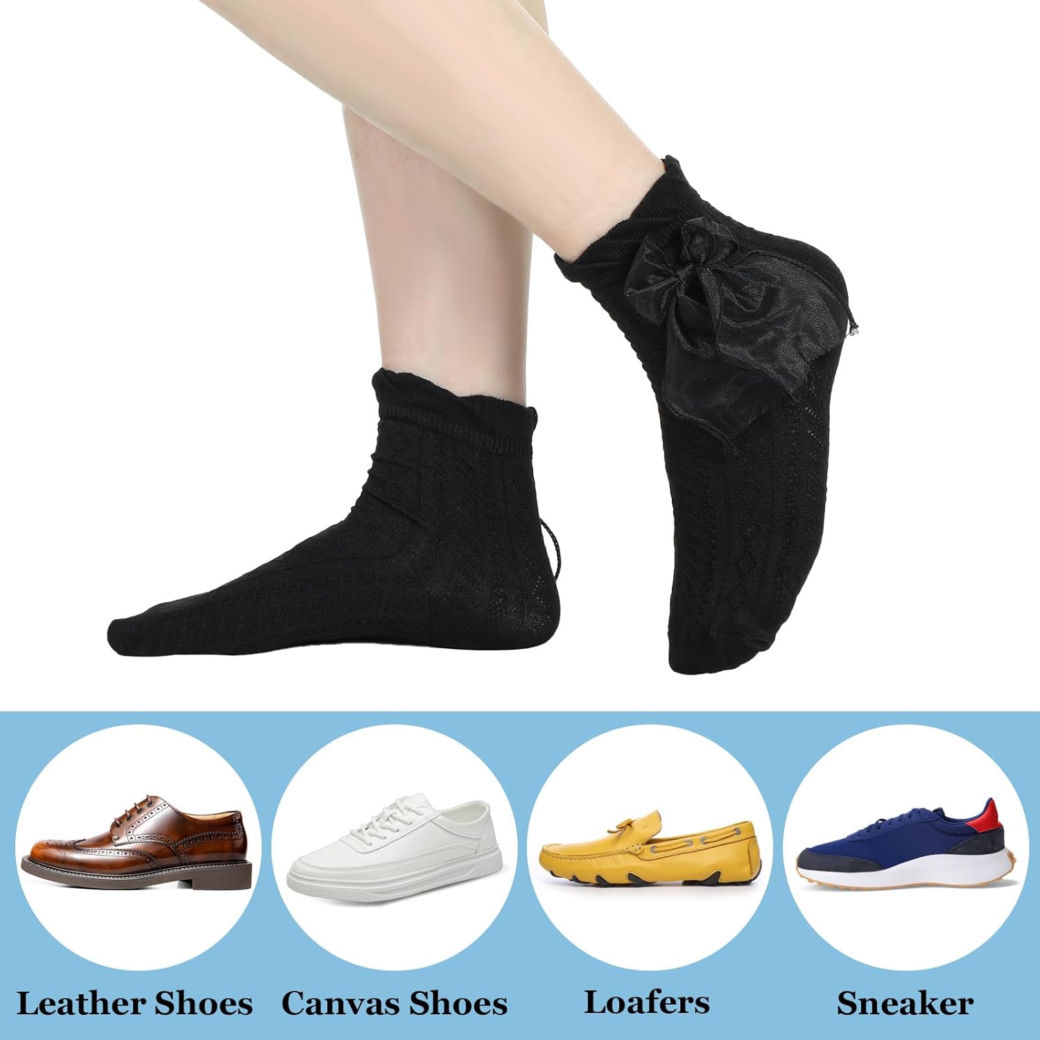 2 Pairs Ruffle Socks with Bow, Cute Princess Lolita Frilly Socks for Women Girls, Breathable Cotton Lace Ankle Sock for Women(Black, White) - Image 8