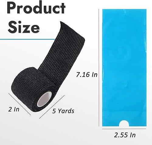 Miniatura 10 de Yugui 200 bolsas para bolígrafos para máquina de tatuaje y 4 envolturas de cinta de agarre, fundas de plástico azul con vendajes autoadhesivos