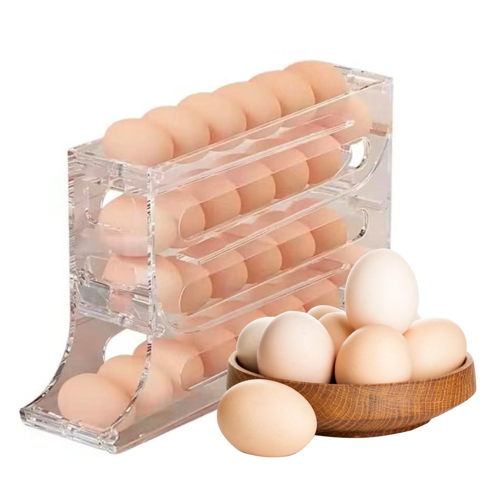 Egg Dispenser Automatic Rolling Egg Tray Organizer, Space Saving Refrigerator Egg Roller,Holds 28 Eggs Simultaneously Works in The Refrigerator,Kitchen,Cabinets,and Dining Table(transparent)