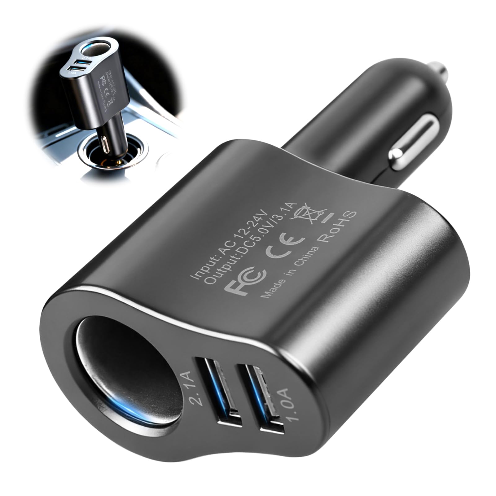 Chargeur Allume Cigare USB, 3 en 1 Chargeur Voiture 12V/24V 60W | Adaptateur Allume-Cigare Car Charger USB Type C Rapide 2.1A pour iphone 16 15 14 13 12 11 GalaxyS25 S24 GPS Dash Cam Tablette