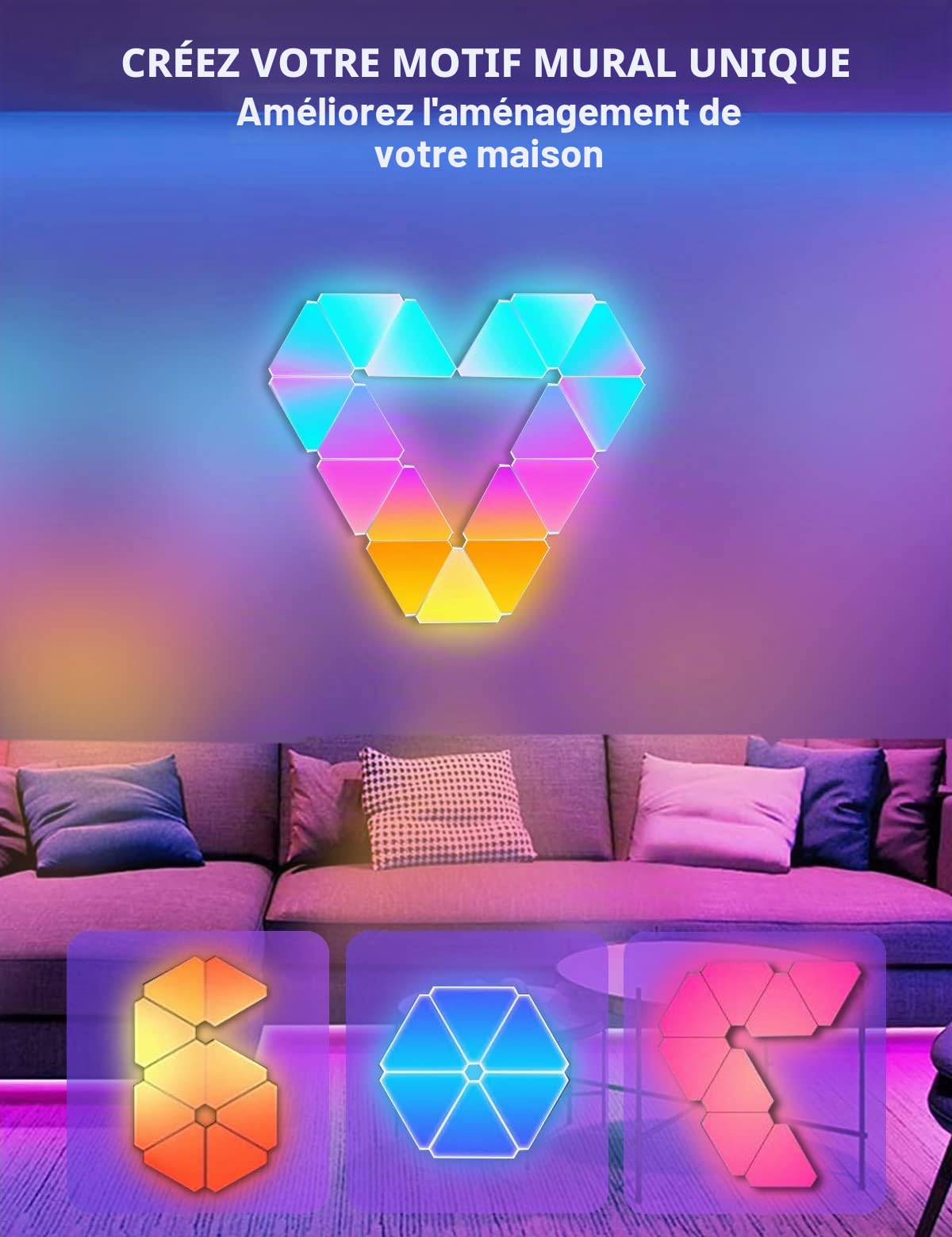 Panneau LED Mural, Applique Murale Interieur LED RGB Triangles Télécommandée Deco Gaming Fonctionne avec Alexa/Google Assistant,App et Contrôle Vocal Musique Sync pour Chambre,9 Panneaux Lumineux