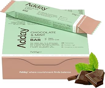 Adday High Protein Meal Replacement Bar Chocolate & Mint- 7 Ready-to-Eat Snacks- 19g Protein- Low Calorie Total Diet Replacement- Vegan, Gluten Free, Halal
