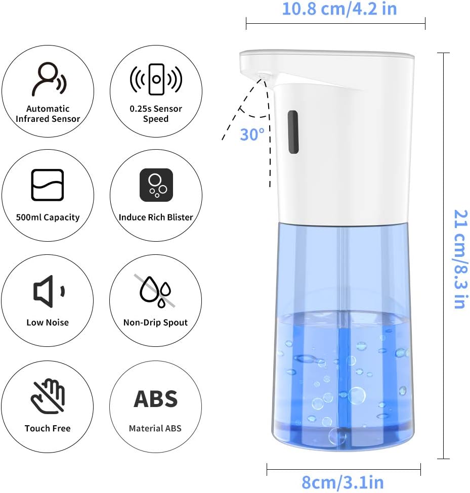 Automatic Soap Dispenser Touchless Auto Alcohol Sprayer Hand Sanitizer Liquid Waterproof Infrared Motion Battery Operated 500ML Capacity for Home, Hospital, School, Office, Hotel, Kids, Adults