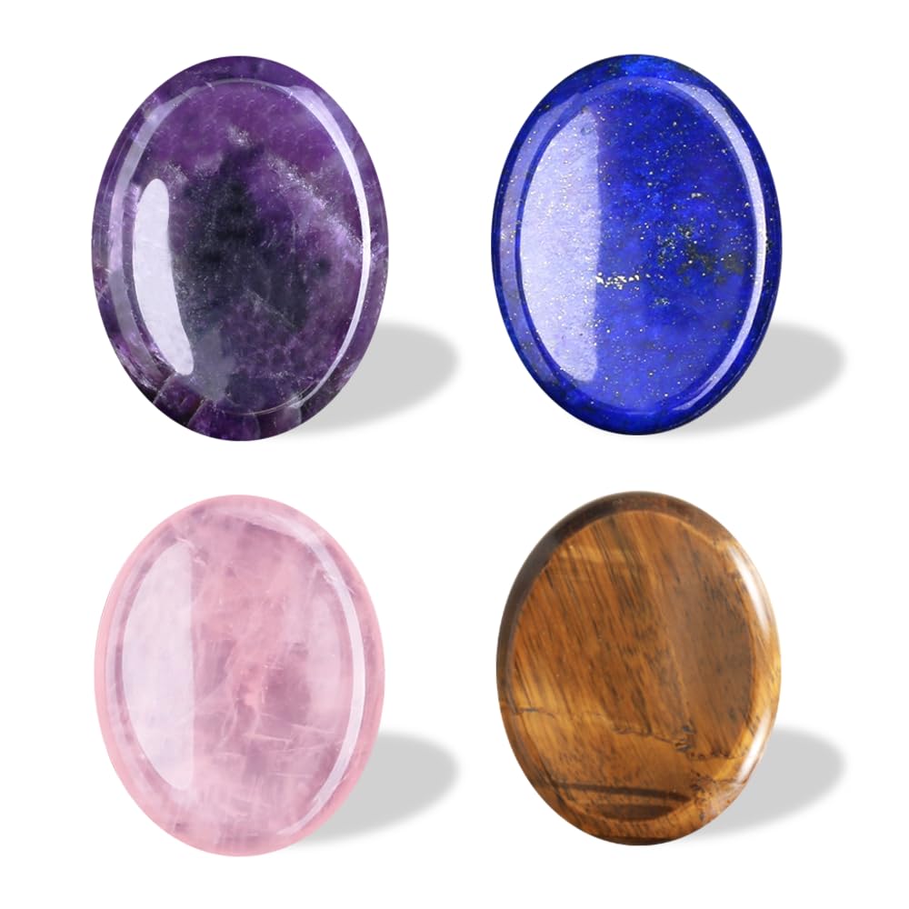 4 Pcs Worry Stone for Anxiety, Amethyst Rose Quartz Tiger's Eye Lapis Lazuli Healing Crystals and Stones for Stress and Meditation