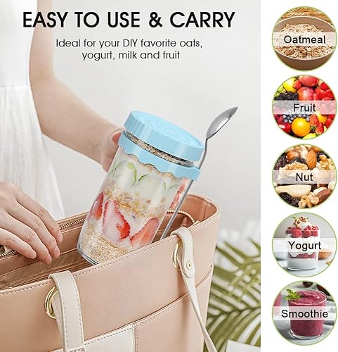 Miniatura 6 de Tarros de avena durante la noche, recipientes de avena con tapa de silicona y cuchara de 16 onzas, para yogur de avena, leche, fruta, desayuno, a