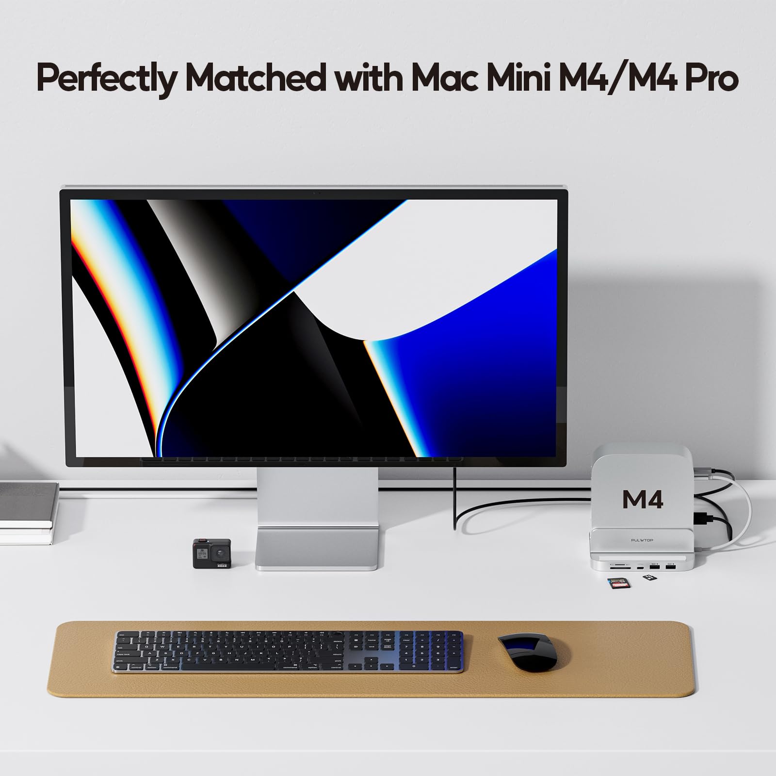 Mac Mini M4 Dock 8 en 1 avec boîtier SSD M.2 de 4TB pour Mac Mini M4/M4 Pro | PULWTOP Hub USB-C pour Mac Mini M4 et M4 Pro 2024, Station d'accueil avec USB A/C 10 Gbit/S, USB A 2.0, Audio, SD/TF
