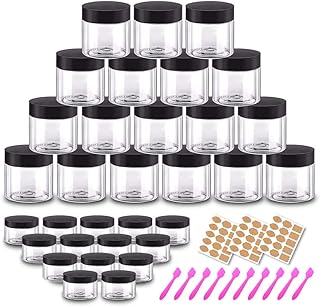 2oz 60ml Sample Pots Round Cosmetic Containers with Lids | 20 Gram Clear Small Sample Containers (Set of 48) for Cream, Body Butter, Eye Shadow, Rhinestone, Lip Scrub, Travel - Free Labels & Spatulas