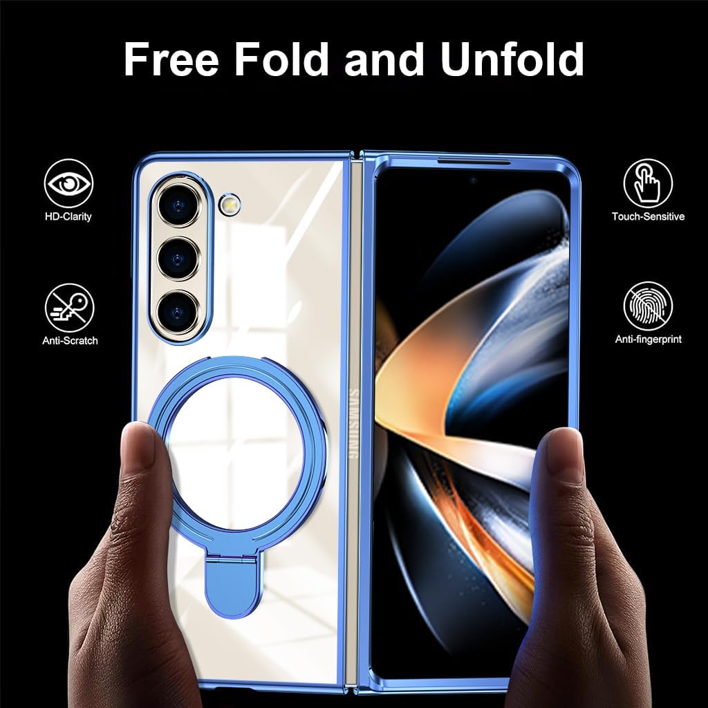Compatible for Galaxy Z Fold 6 Case with O-Ring Stand Clear Case, Compatible with Magnetic Car Phone Mount [Wireless Charging] Slim Fit Anti-Scratch Cover for Galaxy Z Fold 6, Blue(13-53)