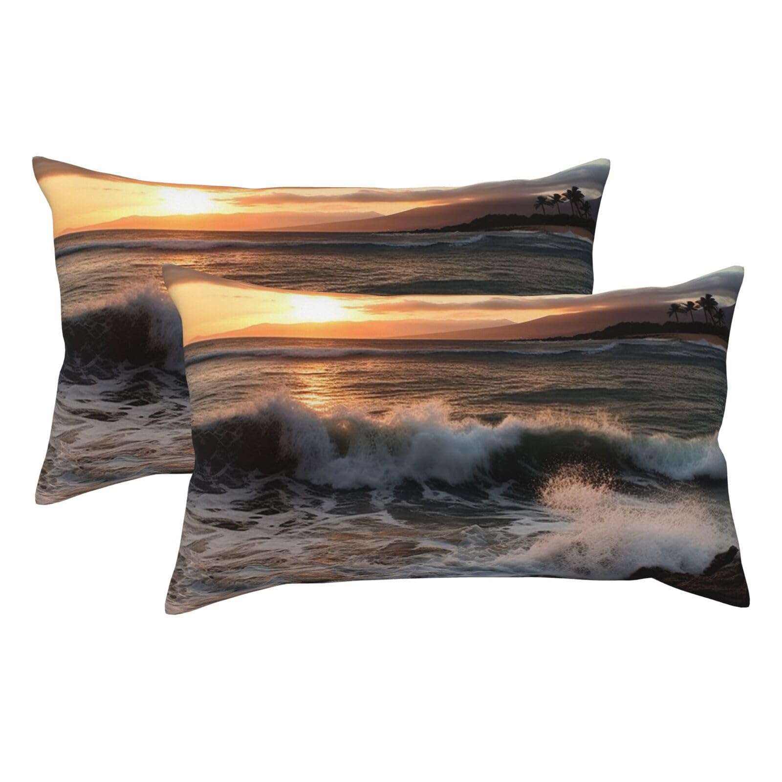 2 Pack King Pillow Cases with Hidden Zipper, Soft Breathable Pillow Covers for Hair and Skin, Beach Sunset Sea Waves Pillowcases 20"x36" Bed Pillow Protectors Cover for Sleeping Gifts
