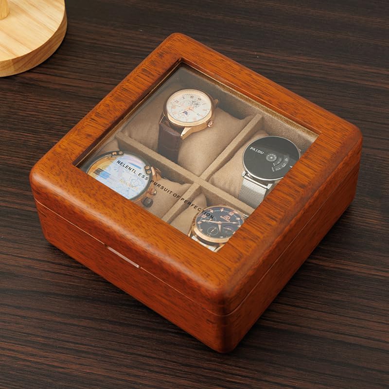 watch box, watch case for men women with large glass lid, wooden watch display storage box with 4 slots, solid wood walnut mens watch box organizer velvet lining for father‘s day gift brown