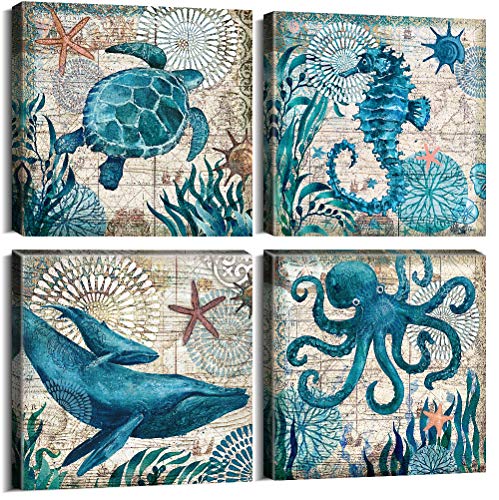 Bathroom Decor Wall Art Beach Ocean Theme Teal Canvas Prints Pictures Kitchen Home Decorations Accessories Nautical Sea Turtle Seahorse Octopus Dolphin Paintings Bedroom Framed Set 4 Pcs 12 x 12