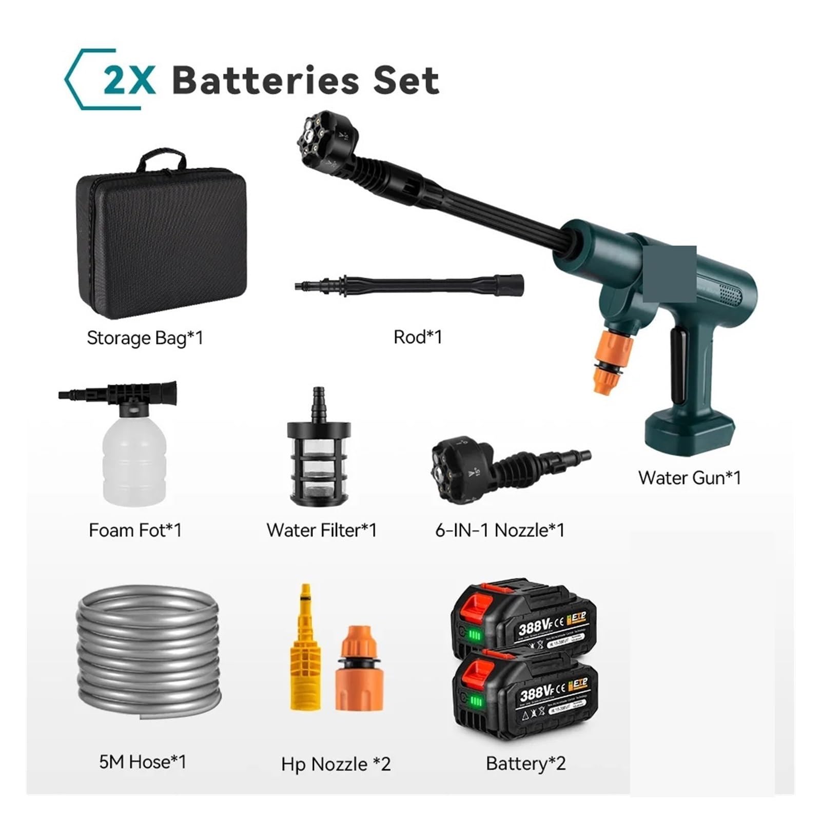 Spruzzatore Elettrico, Pistola ad acqua elettrica ad alta pressione senza spazzole da 200 bar, strumenti ricaricabili senza fili for giardino domestico for batteria da 18 V(2 Battery)
