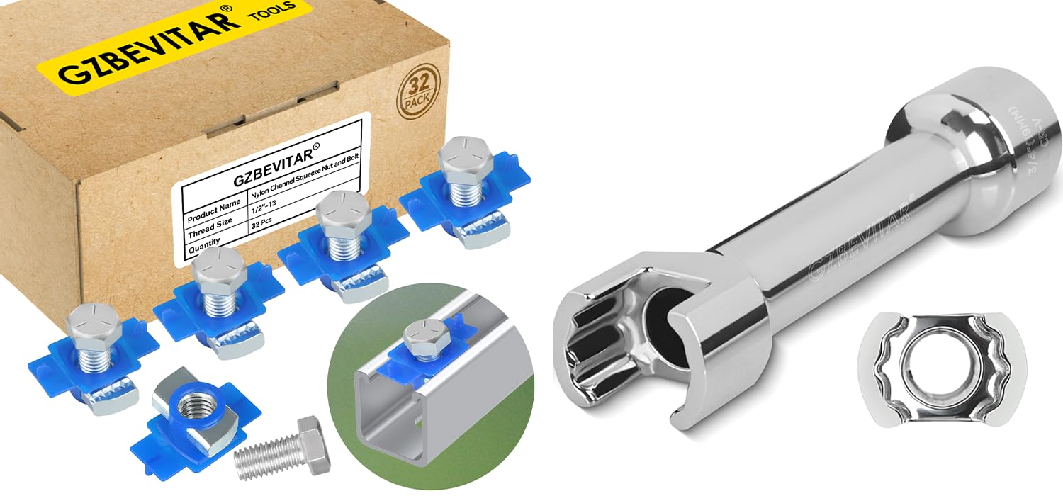 1/2"-13 Nylon Channel Squeeze Nut and Bolt - 32 Pack, 1/2″ Drive 3/4″ (19mm) Strut Channel Impact Socket
