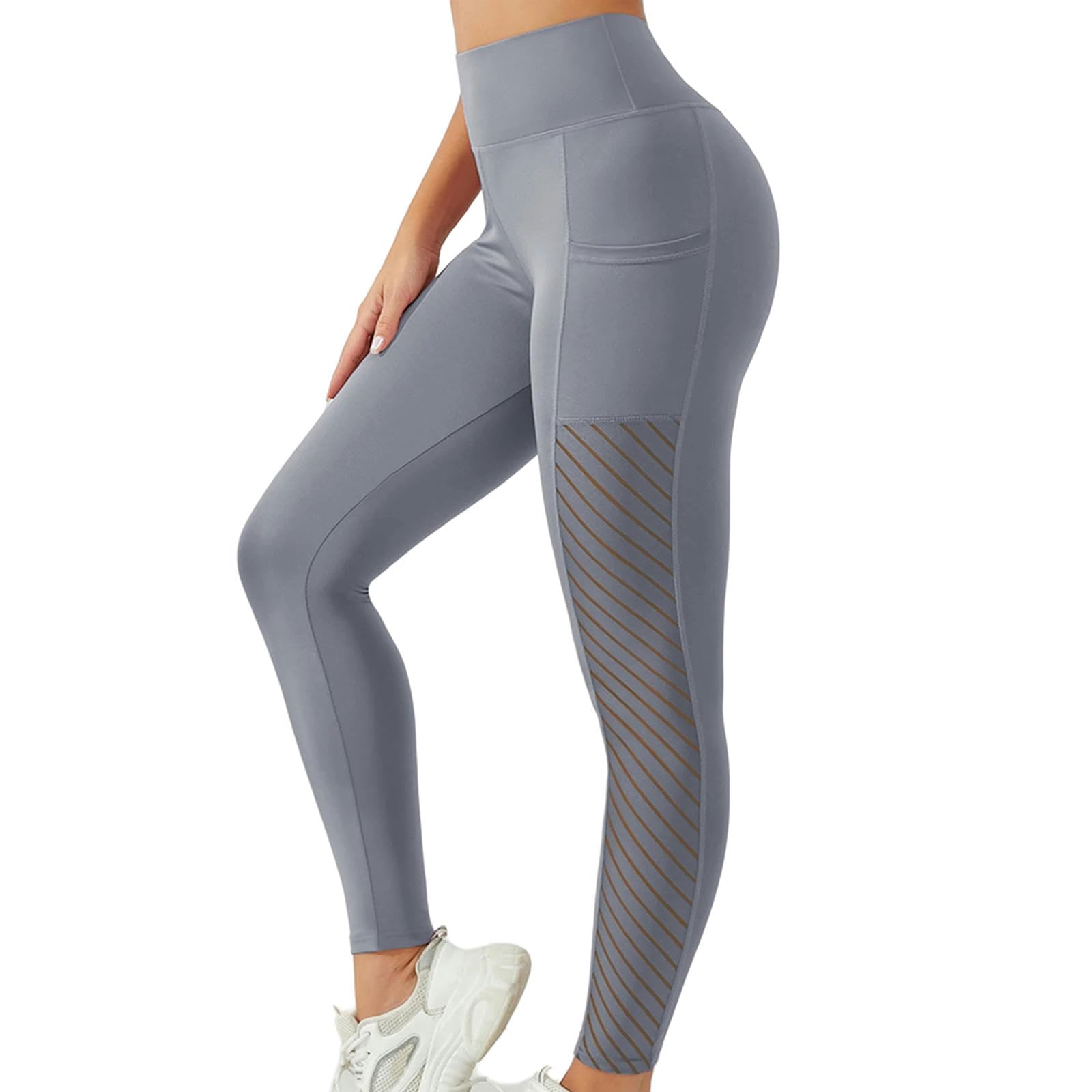 Legginsy dla kobiet UK damskie boczne spodnie do jogi z wysokim stanem z kieszeniami legginsy dla kobiet kontrola brzucha trening kostki -niebieski-L