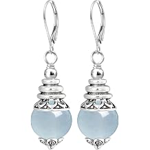 10mm Natural Stone Bead Drop Earrings,Retro Silver Real Genuine Crystal Quartz Gemstone Boho Bohemian Dangle Earrings Jewelry Gift for Women