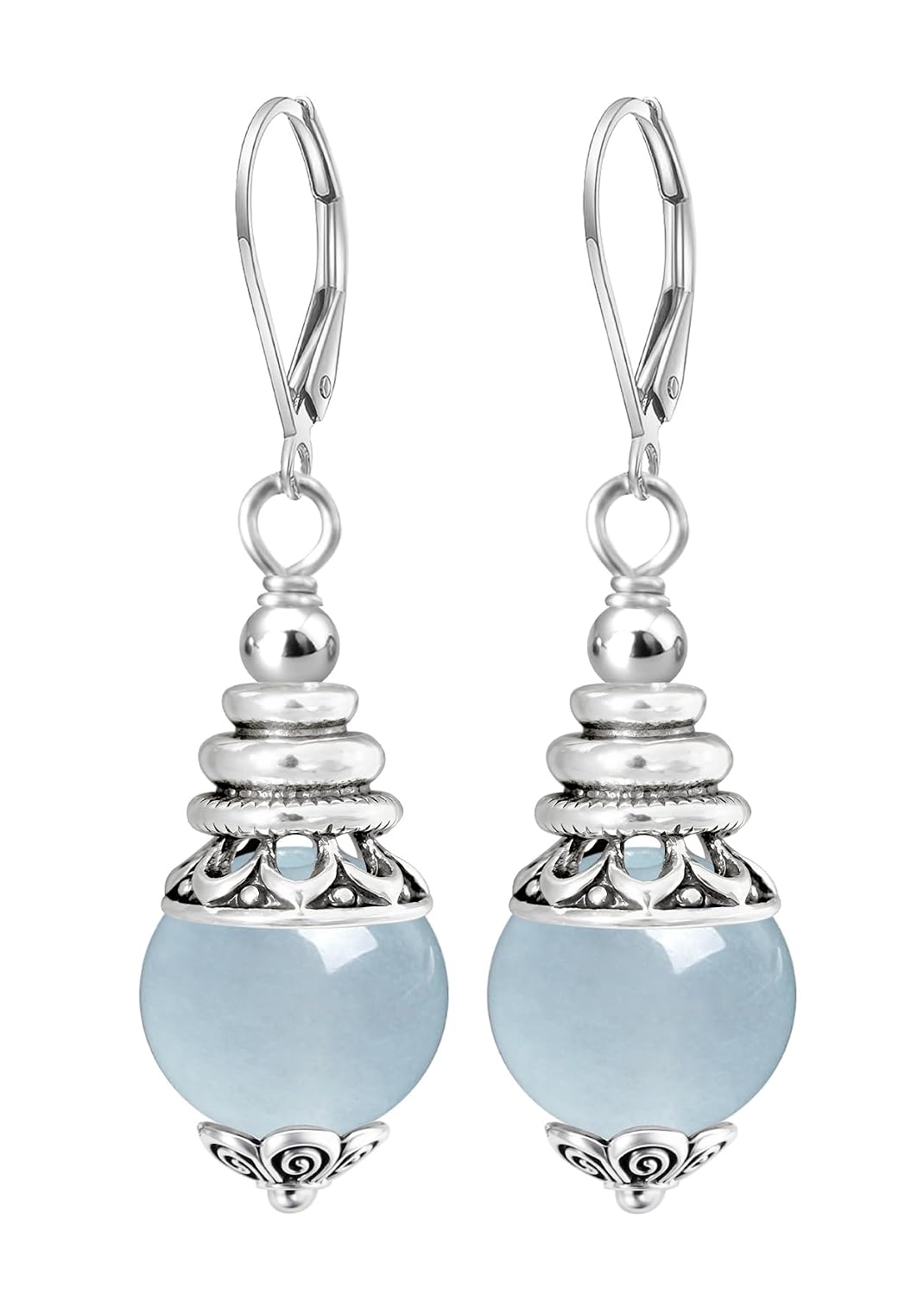 10mm Natural Stone Bead Drop Earrings,Retro Silver Real Genuine Crystal Quartz Gemstone Boho Bohemian Dangle Earrings Jewelry Gift for Women