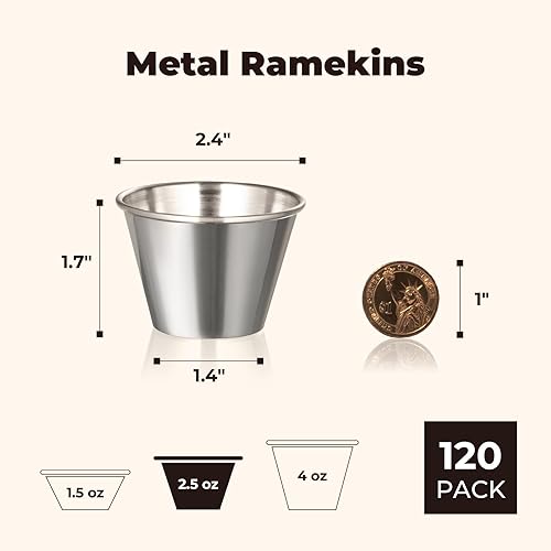 Miniatura 9 de Fit Meal Prep Paquete de 120 Tazas de salsa de acero inoxidable de 1.5 onzas  Ramequines individuales redondos para condimentos, juego de cocina de