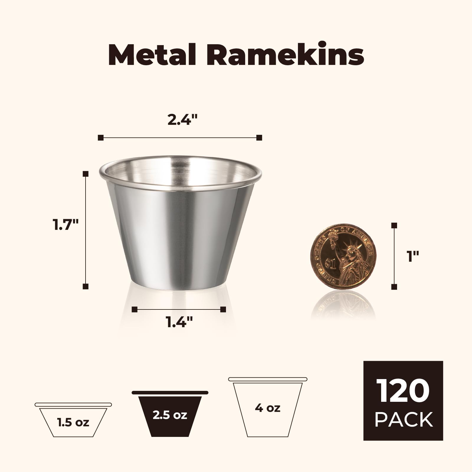 Confezione da 120 tazze da salsa in acciaio inox, per condimenti individuali rotondi, per salse, salse, porzioni e salse, set da cucina