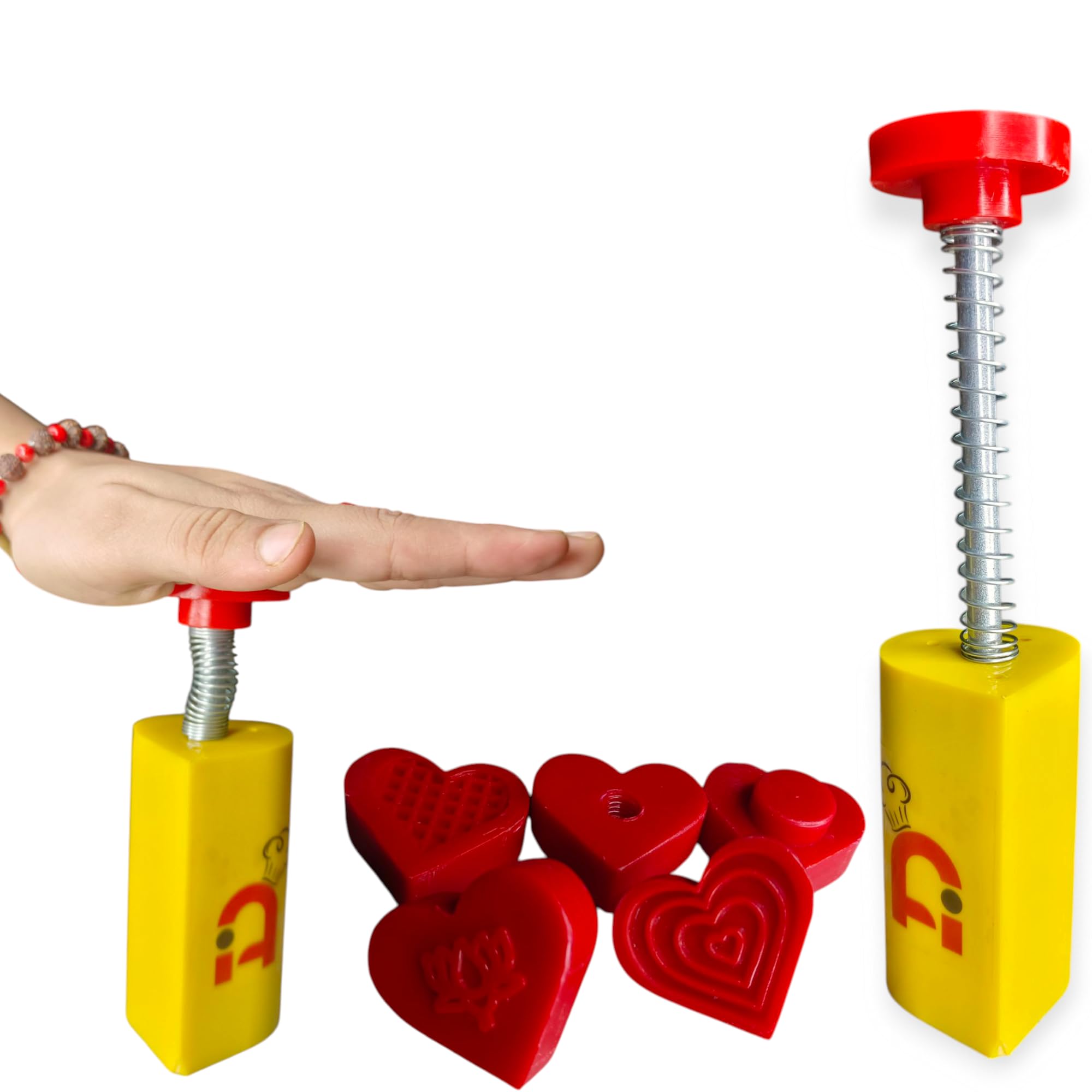 APOLLINE INDIA® Love-Themed Sweet Press Tool – 1.5 inch Heart Shape Mawa Peda & Cookie Maker | 5 Molds with Spring Handle | Sweet Fast Stamping Ideal for Festive Gifting (Pack of 1) 1