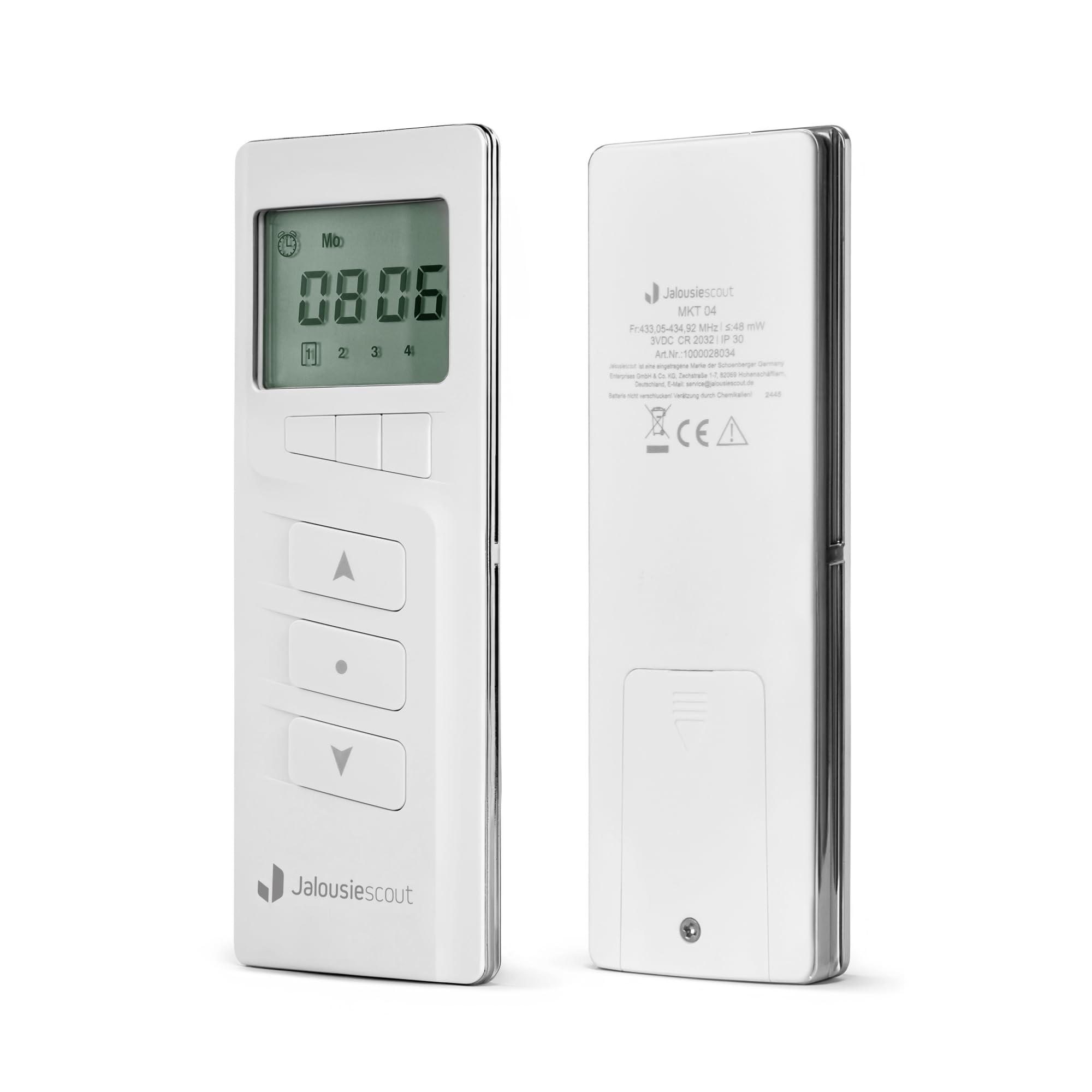Jalousiescout Funkhandsender 4-Kanal MKT 04 Funksteuerung Fernbedienung, 434,92 MHz, Integrierte Zeitschaltuhr mit Wochenprogramm, LCD Display, kabellos, inkl. Wandhalterung
