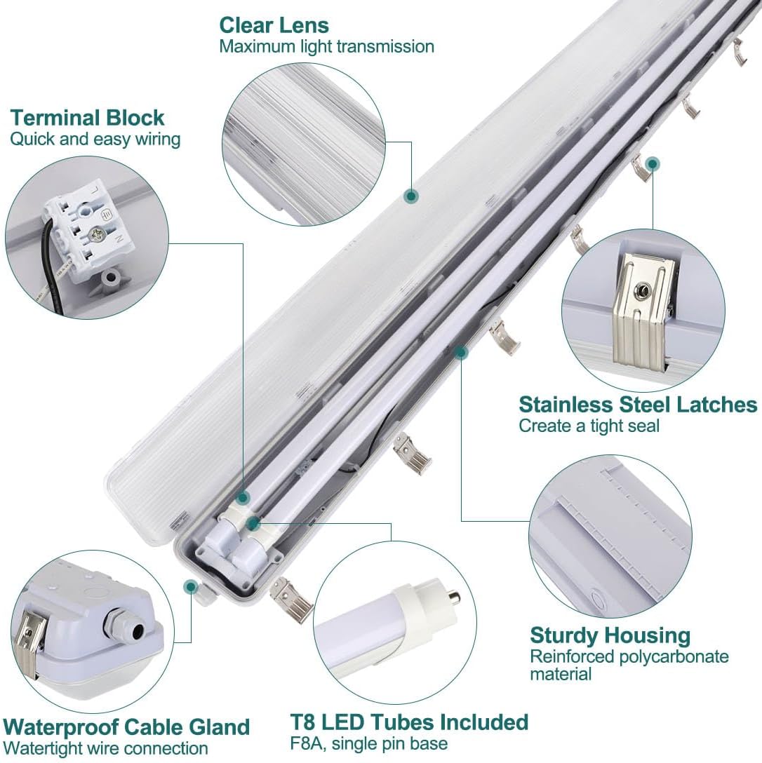 kadision 8FT Vapor Tight LED Light Fixture with 2X T8 Tubes, 100W 12500lm 5000K Daylight 100-277V, Surface Mount IP65 Vapor Lights for Car Wash, Garage, Warehouse, 4-Pack