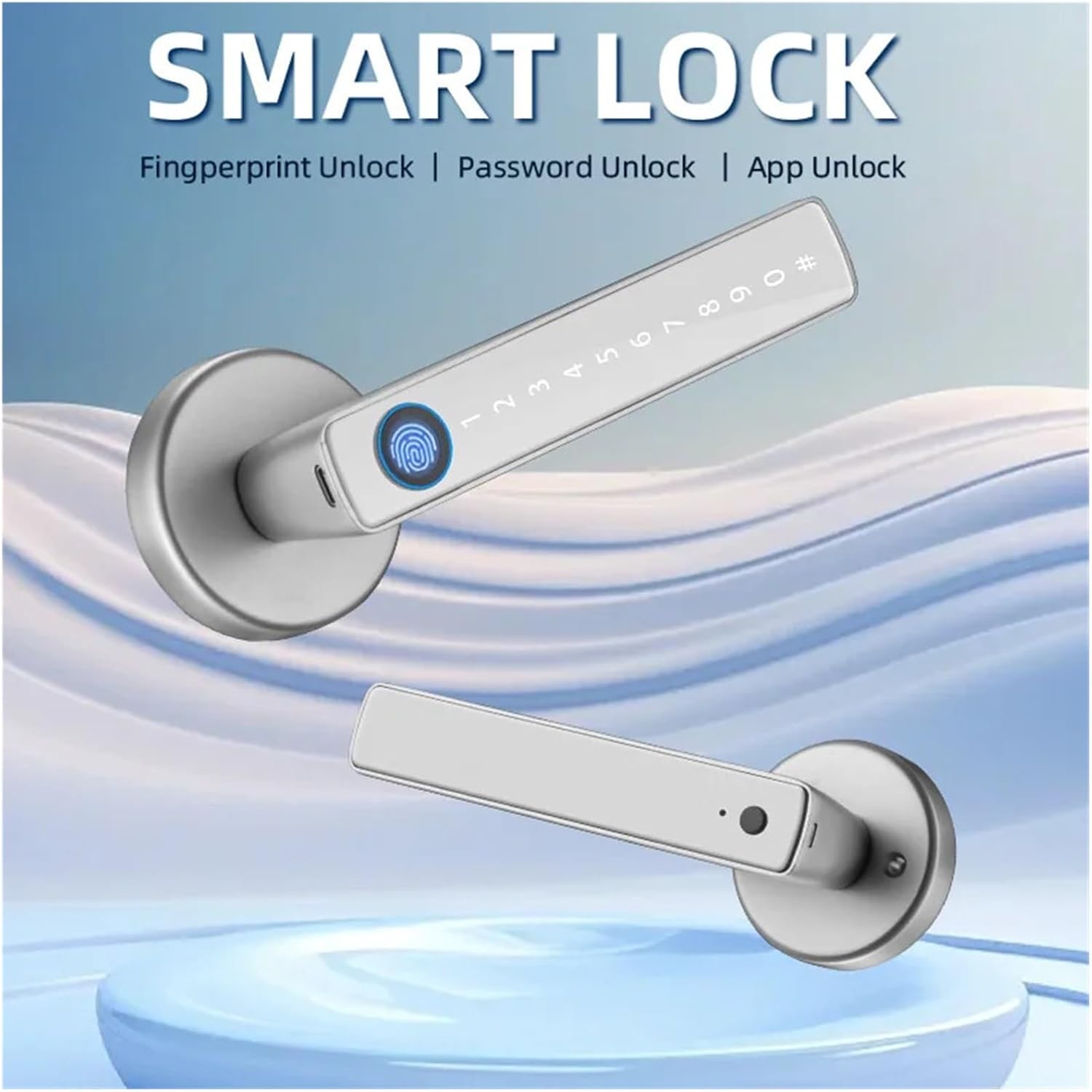 Smart Door Lock Handle with Fingerprint Key Card Digital Door Lock Keypad Key Entry Electronic Lock Home House Apartment(Single tongne-60-70,Silver)