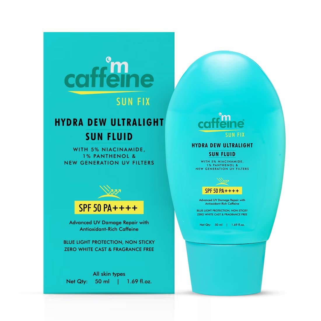 mCaffeine Hydra Dew Ultralight Sun Fluid SPF50 PA++++ UVA/UVB Blue Light Protection|Water Like Glow Texture|Lightweight, Non-Sticky, Quick Absorbing|No White Cast|All Skin Types|For Men/Women – 50ml