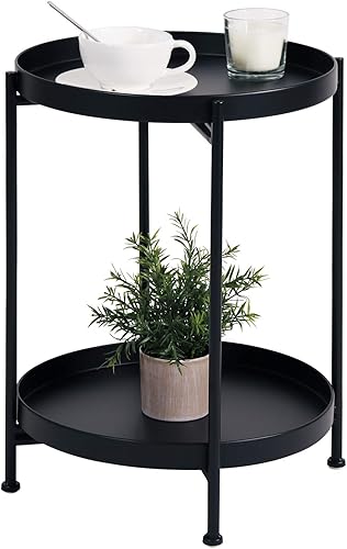 Tiita Mesa auxiliar redonda mental de 2 niveles, mesita de noche, mesas pequeñas de hierro, mesa auxiliar para sala de estar, dormitorio, oficina,