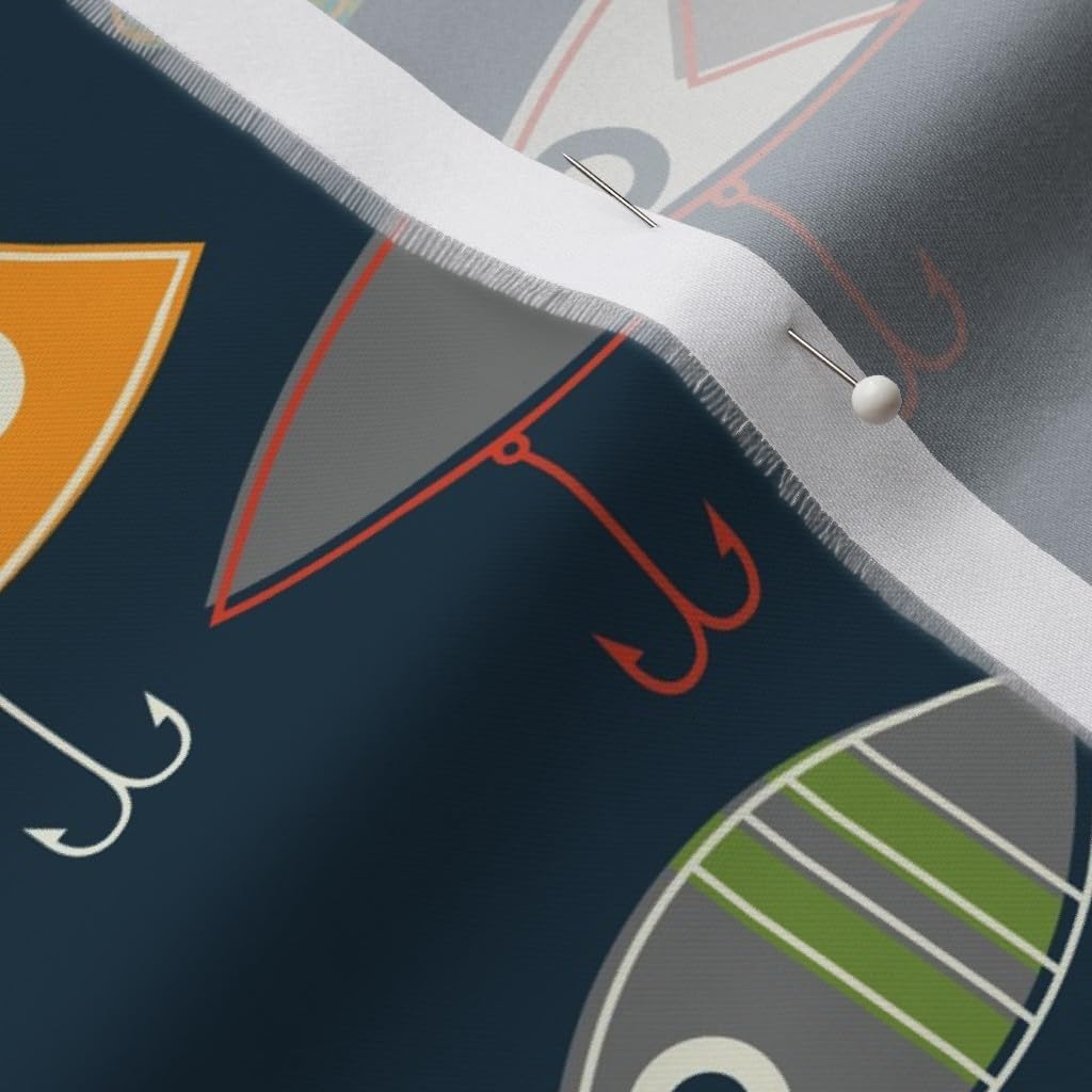 Spoonflower Fabric - Navy Fish Fishing Lures Vintage Lure Hook Summer Nursery Printed on Organic Cotton Sateen Fabric by The Yard - Sewing Quilting Apparel Home Decor