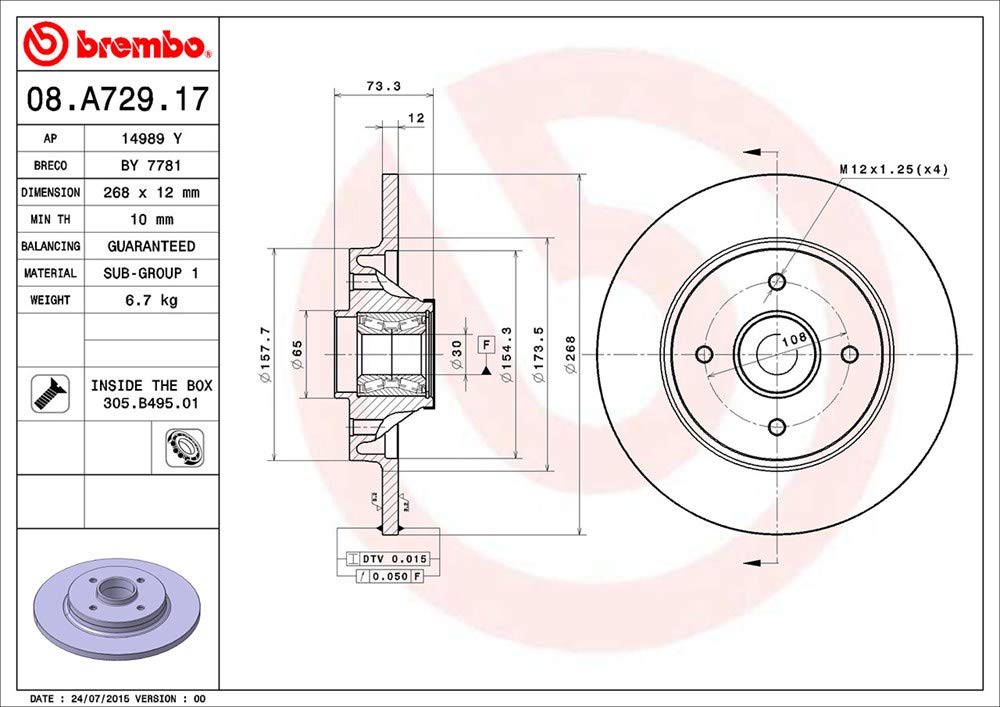 Brembo 08.A729.17 Disque de Frein Arrière, 1 Pièce