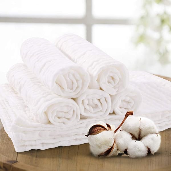 Yoofoss Mullwindeln Spucktücher 10er Stoffwindeln 27x50 cm Mulltücher 6 Lagig Saugstark Waschlappen 100% Baumwolle Faltwindeln für Baby Kochfest Premium Qualität Weiß - 5