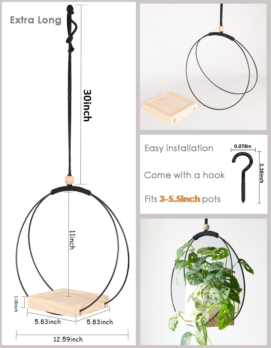 Plant Hanger with Wood Base - Boho Macrame Hanging Plant Holder for Indoor Plants Hanging Planter for Wall /Window/Room Decor Black (Pot & Plant Not Included) Black 1 PACK