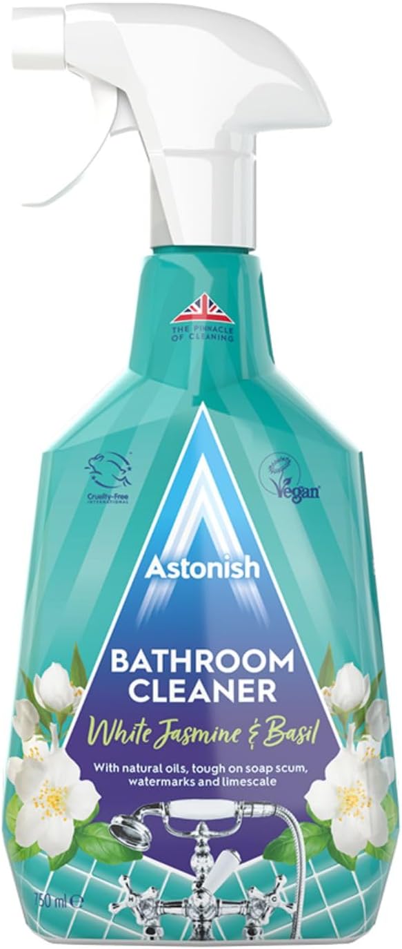 Streak Free Foaming Bathroom Cleaner Spray Bottle - Deep Cleaning White Jasmine & Basil Scented Spray For Soap Scum, Watermarks & Limescale - Cruelty Free Household Cleaning Supplies, 750 ml