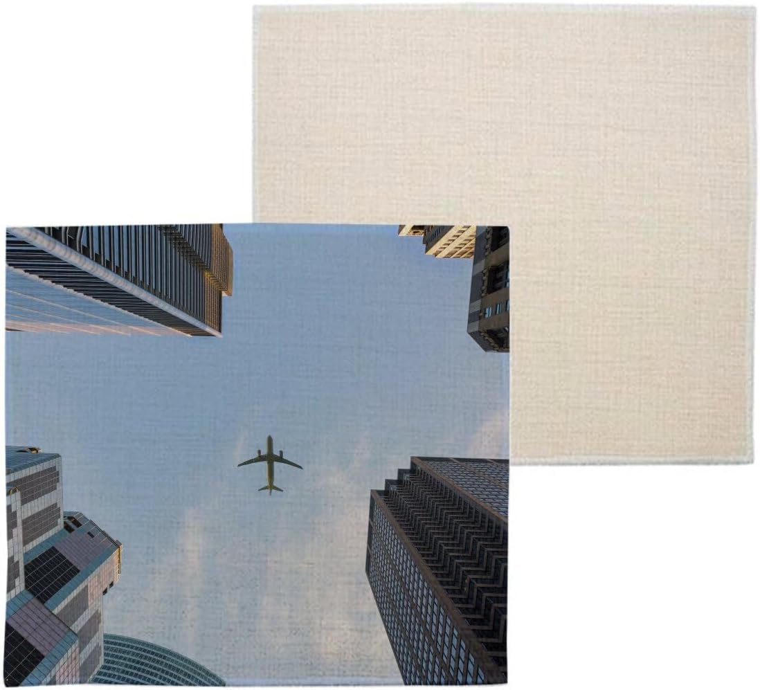 Linen Coaster – Airplane in Flight Blue Sky Buildings – 1 Unit (100 x 100 mm) Linen Coaster – Airplane in Flight Blue Sky Buildings – 1 Unit (100 x 100 mm)