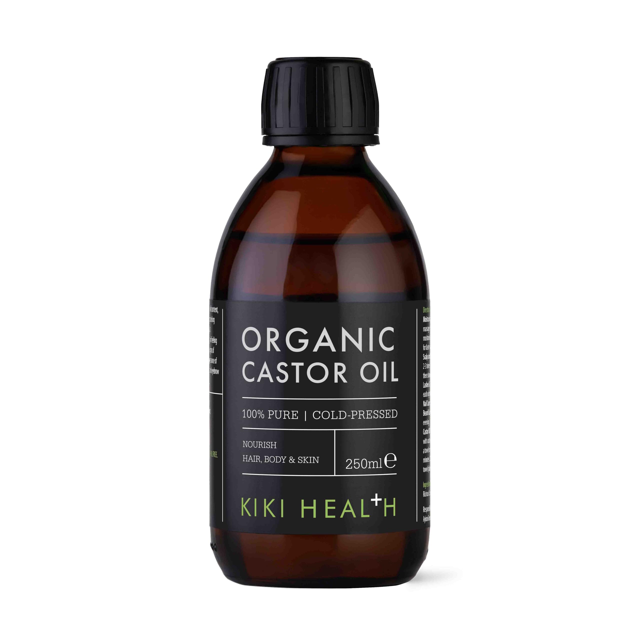 KIKI Health - Organic Castor Oil, Cold-Pressed, Pure & Natural, Hexane-Free, Deep Moisturising for Hair Growth, Eyebrow & Eyelash Care, Skin Hydration, Massage & Scalp Treatment - 250ml