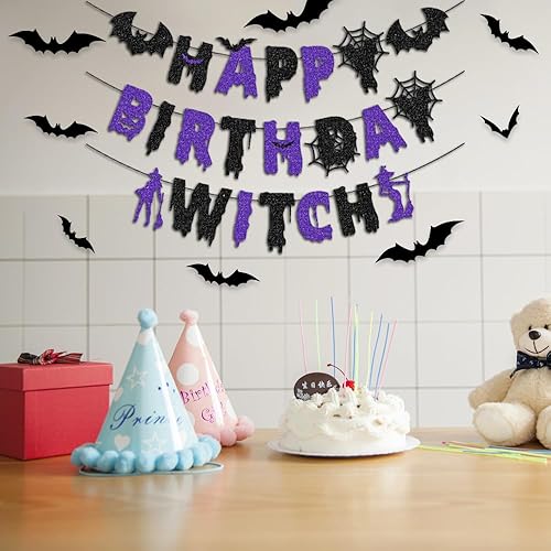 Miniatura 5 de Quimoy Decoraciones de cumpleaños de terror, pancarta aterradora para fiesta de cumpleaños de Halloween con 12 calcomanías de pared de murciélago