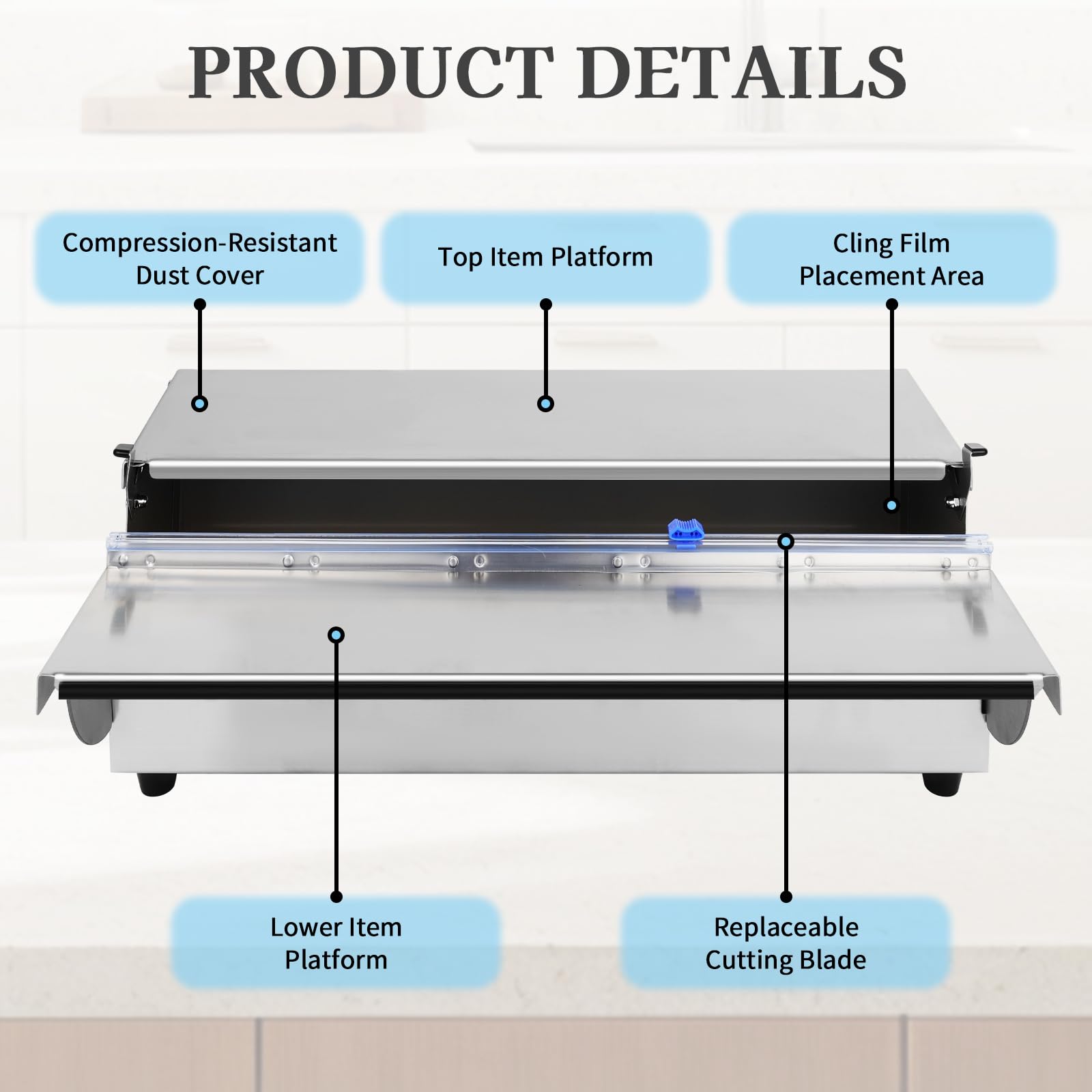 Edelstahl Folienspender für Frischhaltefolie & Alufolie, 45cm Frischhaltefolienspender, Plastic Wrap Dispenser mit Cutter, Hygienisch Staubdicht, Faltbar mit 2 Ersatzklingen