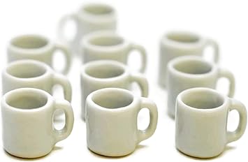 10 White Gray Ceramic Coffee Mug Tea Cup Size 1 X 1.5 cm Dollhouse Miniatures Food Kitchen Docoration